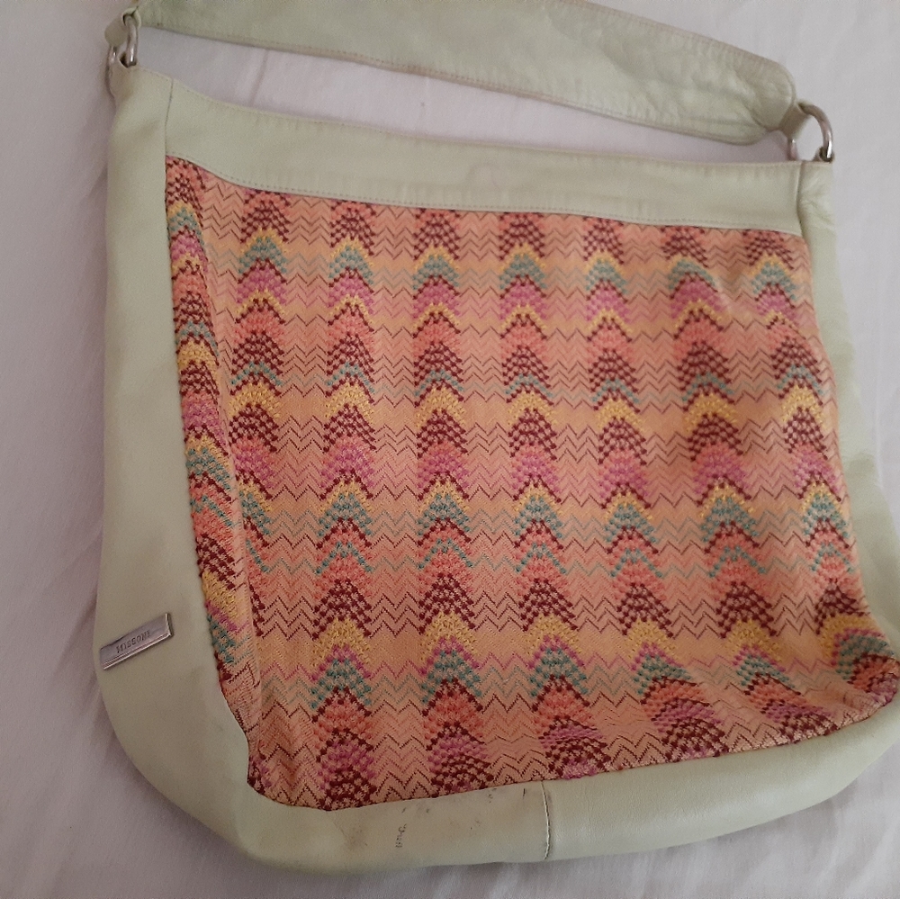 Missoni Multi-Color Chevron Fabric & Mint Leather Tote